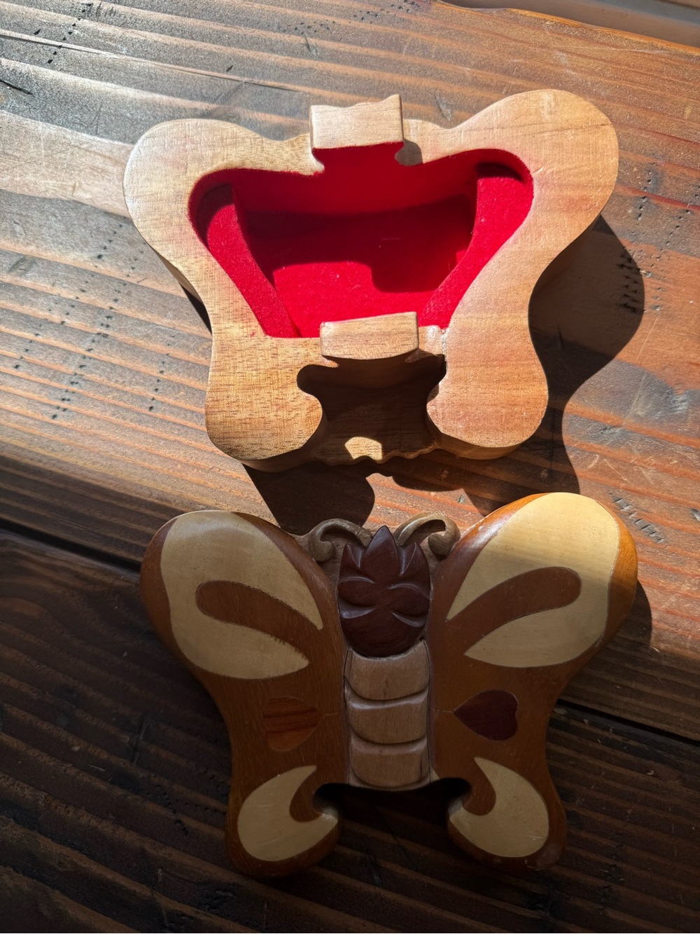 Handcarved Wooden Butterfly Trinket Box with Red Velvet Lining